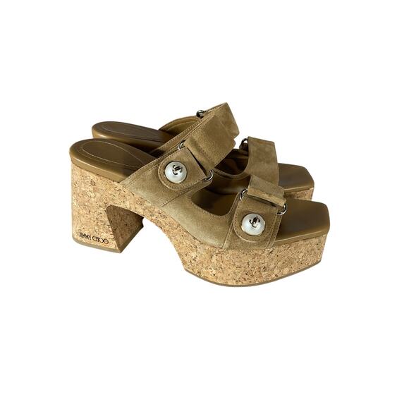 Jimmy Choo 'Fayence' Tan Suede 95 Faux Pearl-Embellished Suede Platform Mules - Picture 1 of 5